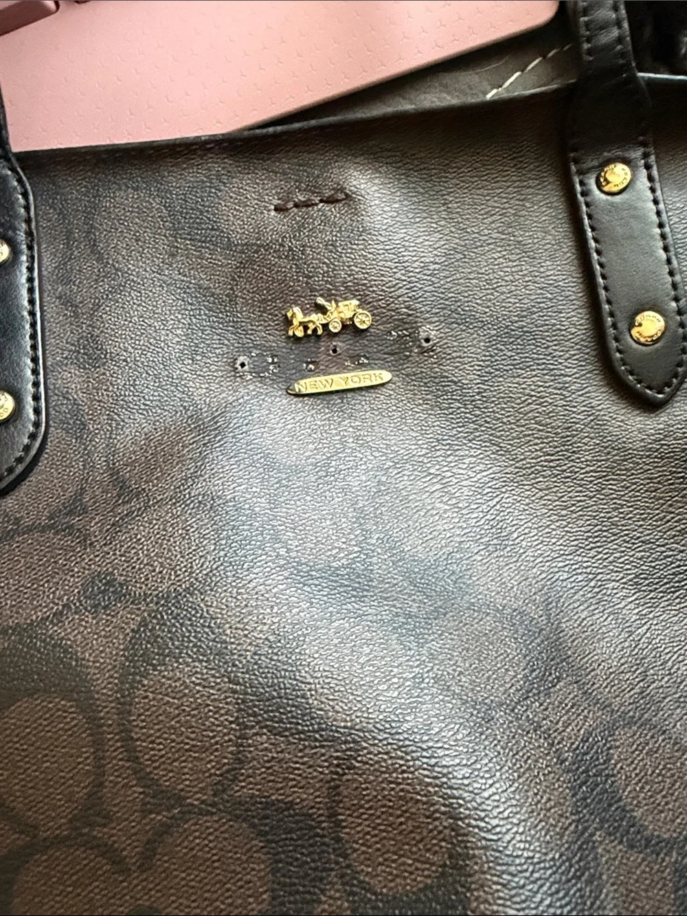 Coach Brown Signature Monogram Tote with Gold Accent
